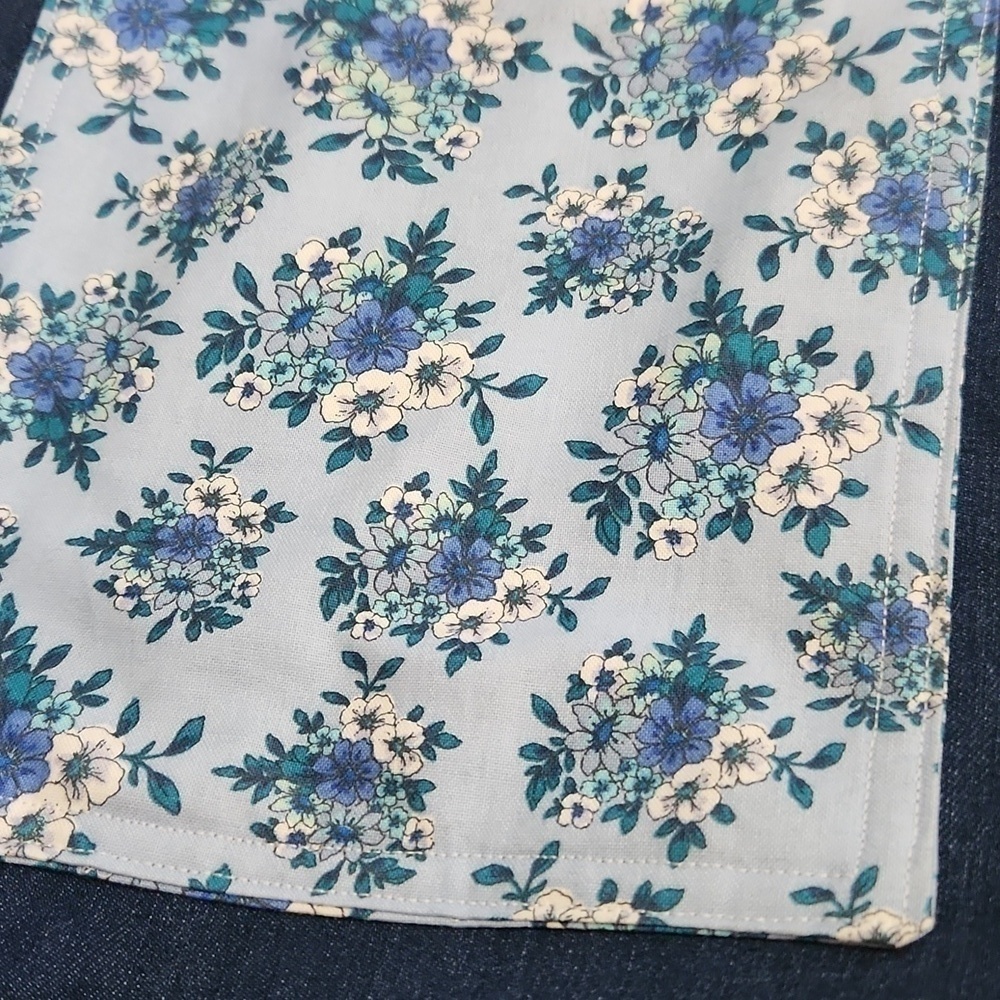 Double sided Handmade Denim Tote Spring Floral Pocket and Blue Bow Bird Artsy - Picture 4 of 10